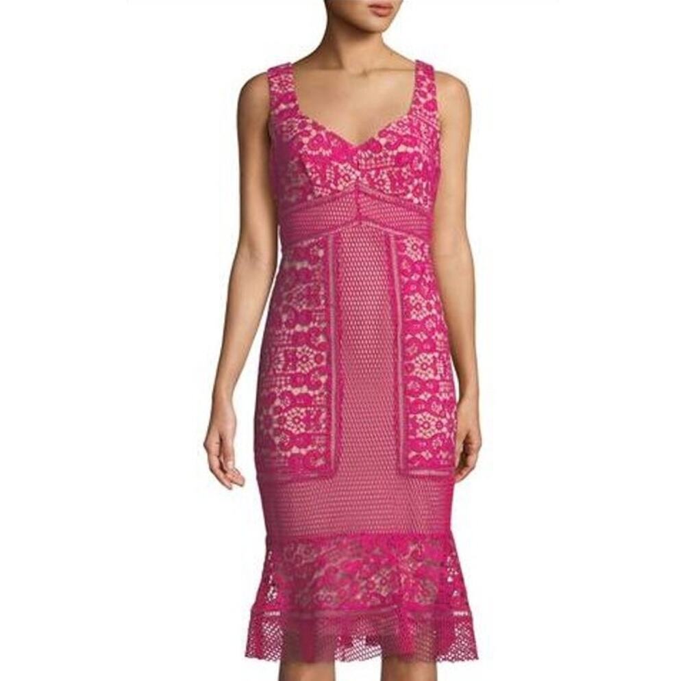 JAX Hot Pink Guipure Crochet Lace Midi Dress Sz 8 Drop Waist Flounce Cocktail